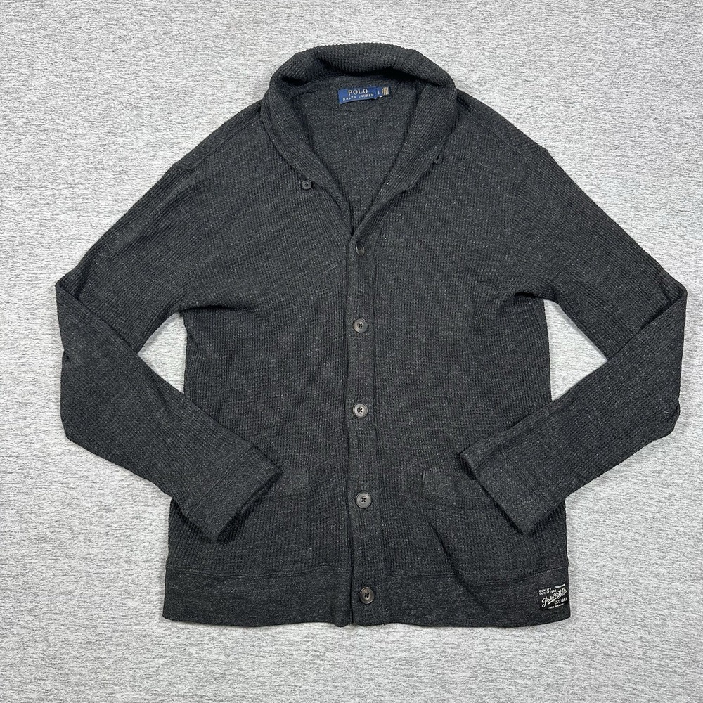 Polo Ralph Lauren Sweater Mens Large Gray Cardigan Shawl Collar Knit Preppy